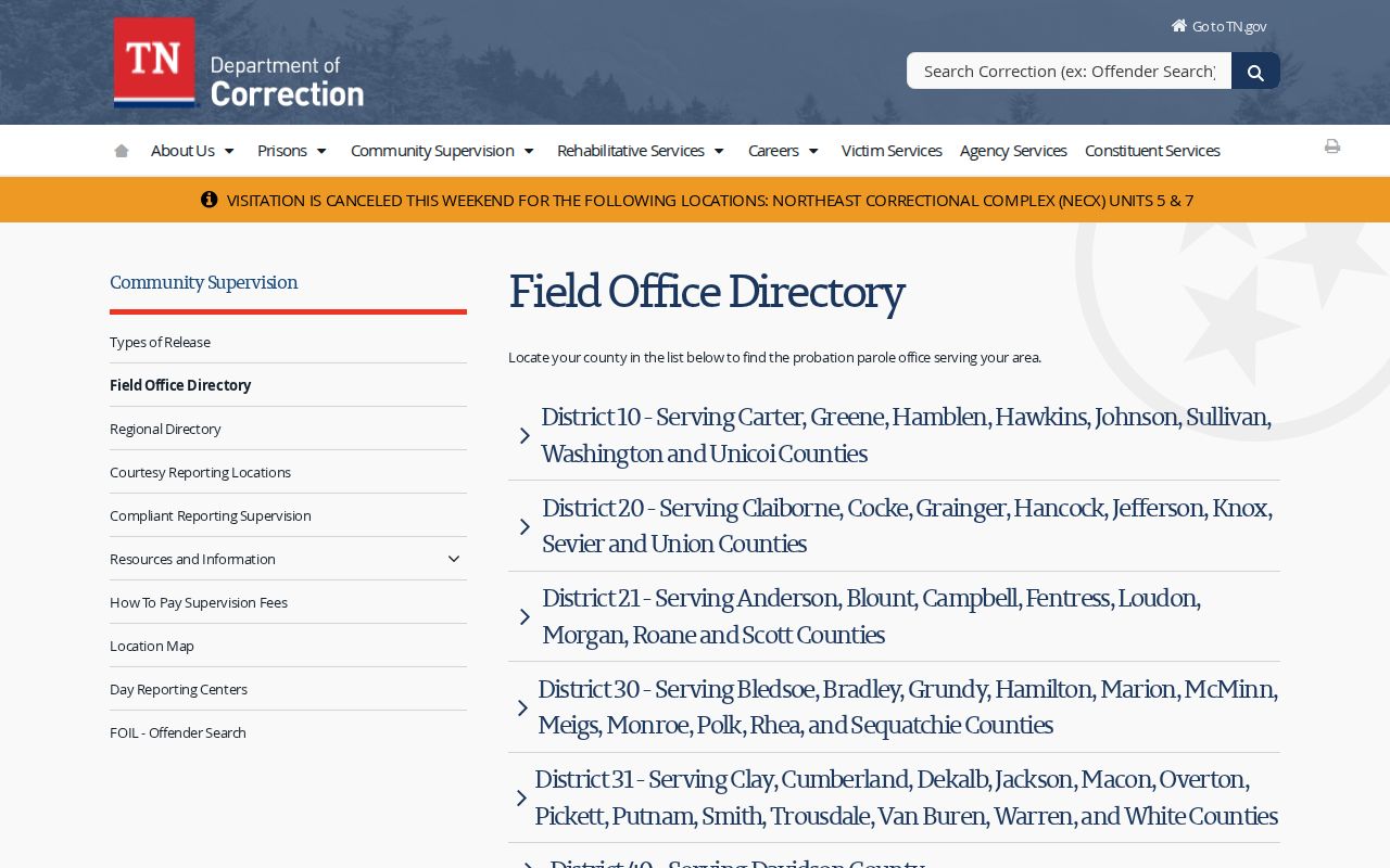 TDOC District 61 Dyersburg office listing for Lauderdale County