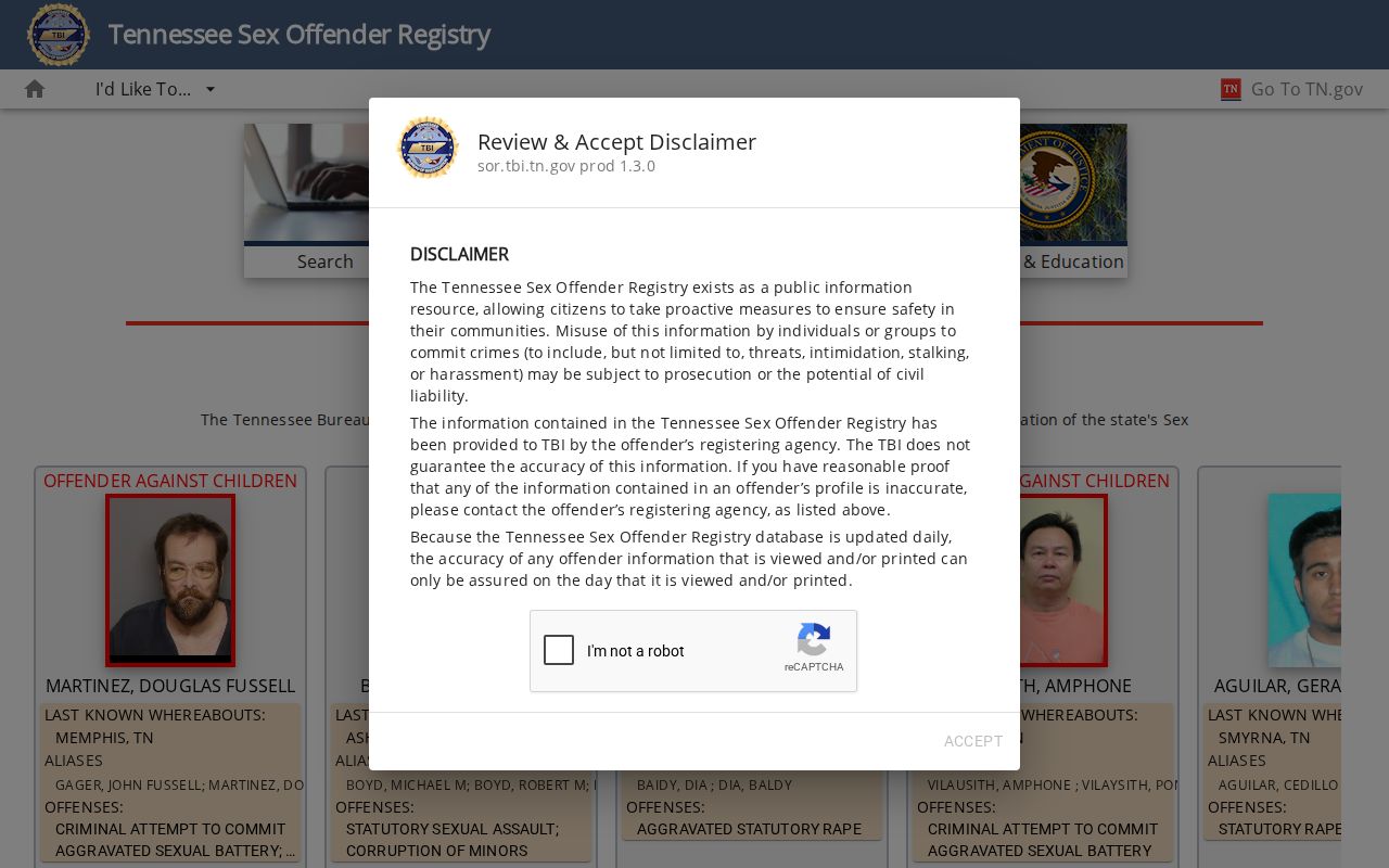 TBI registry context for Lauderdale County released-inmate photographs