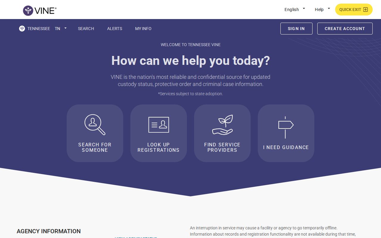 Tennessee VINELink landing page and person-search route